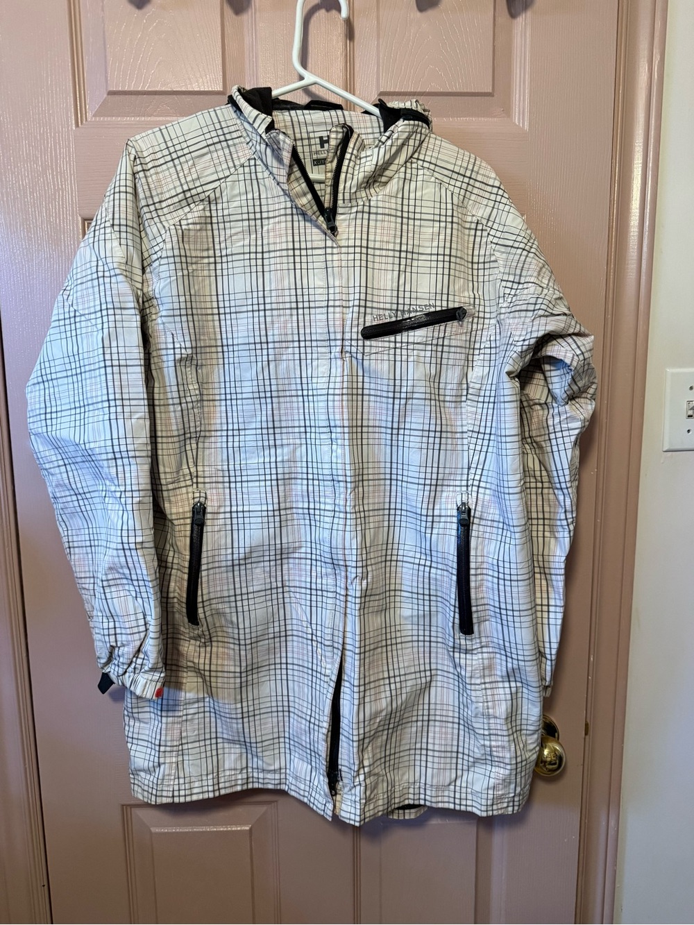 Helly Hansen White Plaid Shell Wind and Rain Coat